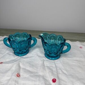 Vintage LE Smith Moon and Star Teal Blue Glass Creamer and Sugar Bowl Set MCM